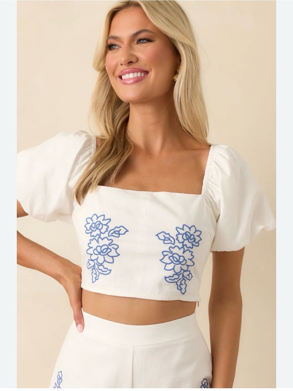 MINKPINK White Cropped Puff Sleeve Top with Blue Floral Embroidery